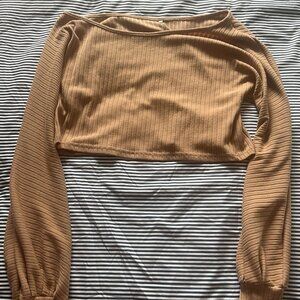 MY Beige Ribbed Long Sleeve Crop Top | Soft Stretch Fitted Sweater